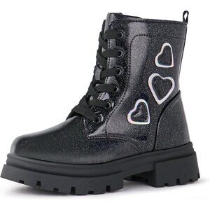 Girl's Black Fashion Shiny Rubber Combat Kids Slip-on Lightweight Ankle Boots